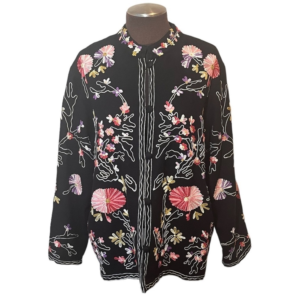 Boston Proper Floral Embroidered Wool Blend Mandarin Collar Jacket Sz M